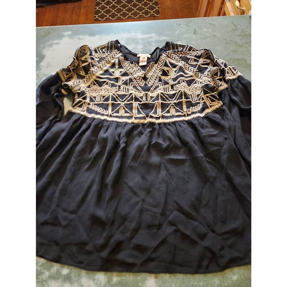 Sundance Sheer black silk Embroidered Blouse Sz M